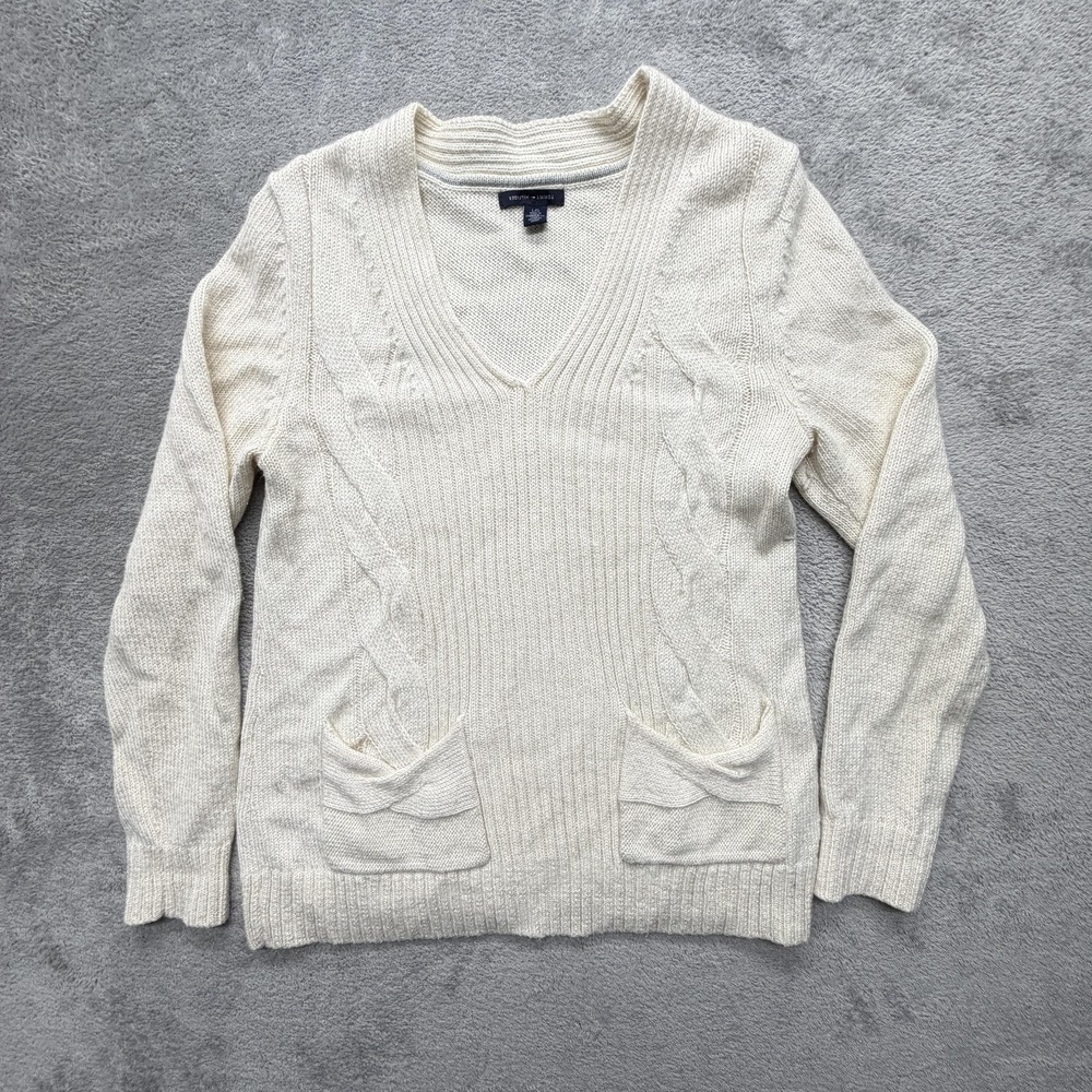 Tommy Hilfiger Sweater Womens L White Cable-Knit V-Neck Pullover Pockets Glitter